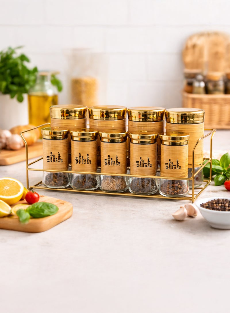 طقم توابل مع رف من الفولاذ الذهبي - برطمانات زجاجية للتوابل والتخزين مع ملصقات، منظم لسطح المطبخ، برطمانات للزيت والخل والملح والسكر والفلفل